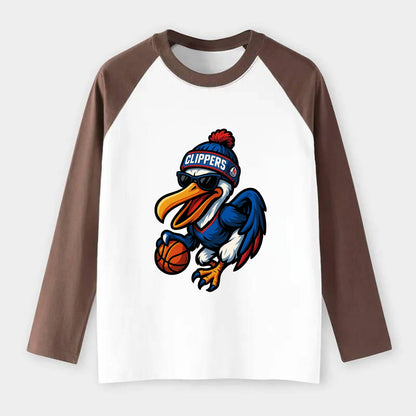 Los Angeles Pelican wearing Clippers beanie with sailboat patch and - Raglan Long Sleeve T-Shirt - Coffee
