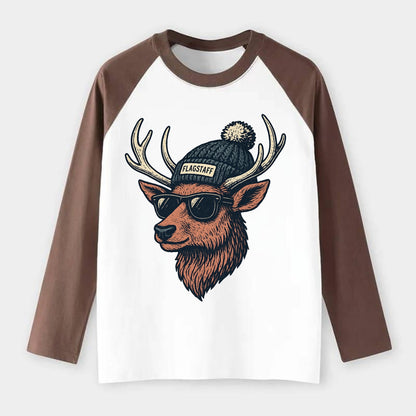 Flagstaff Elk wearing Flagstaff beanie with pom pom and wayfarer - Raglan Long Sleeve T-Shirt - Coffee