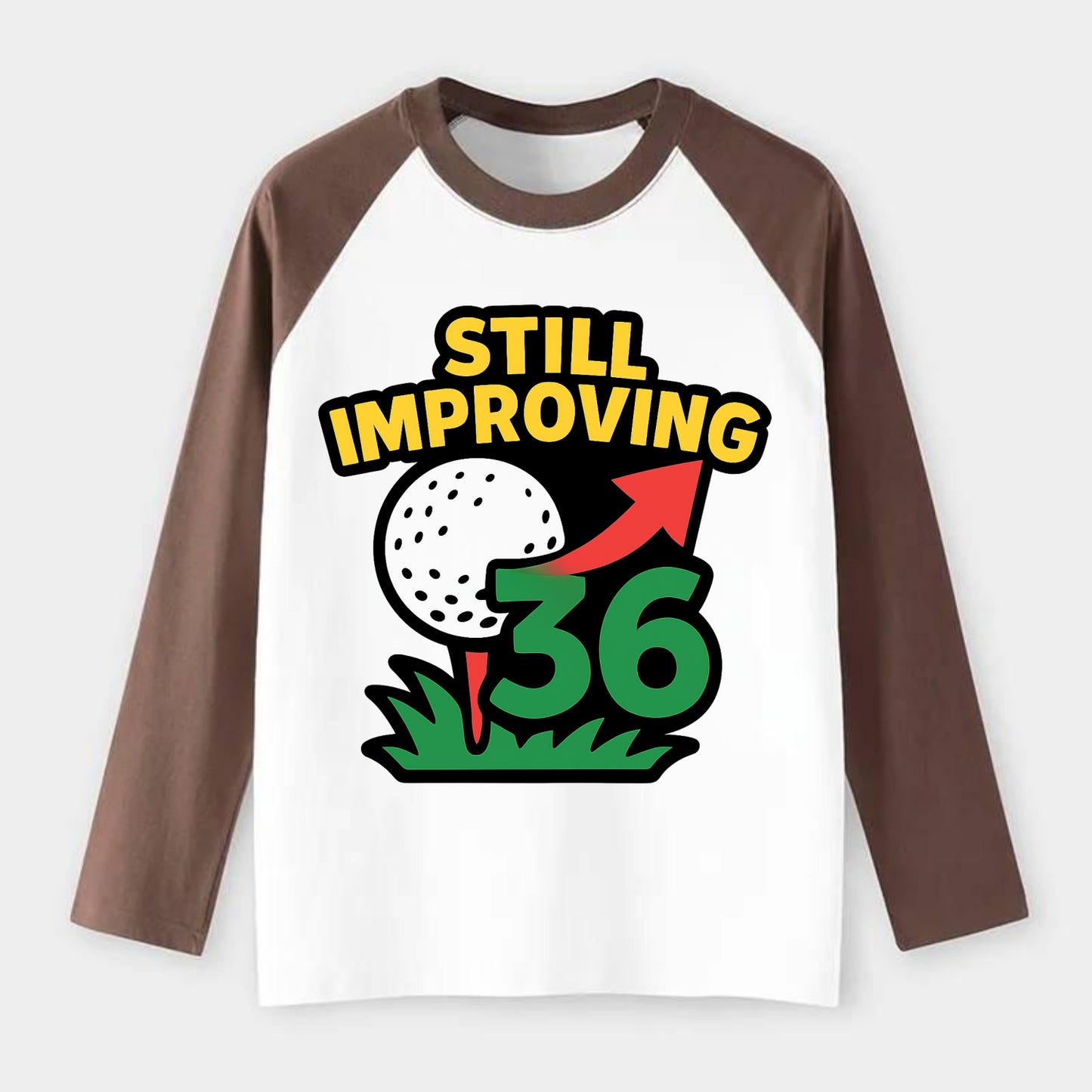 Handicap number getting higher with arrow - "Still Improving" - - Raglan Long Sleeve T-Shirt - Coffee