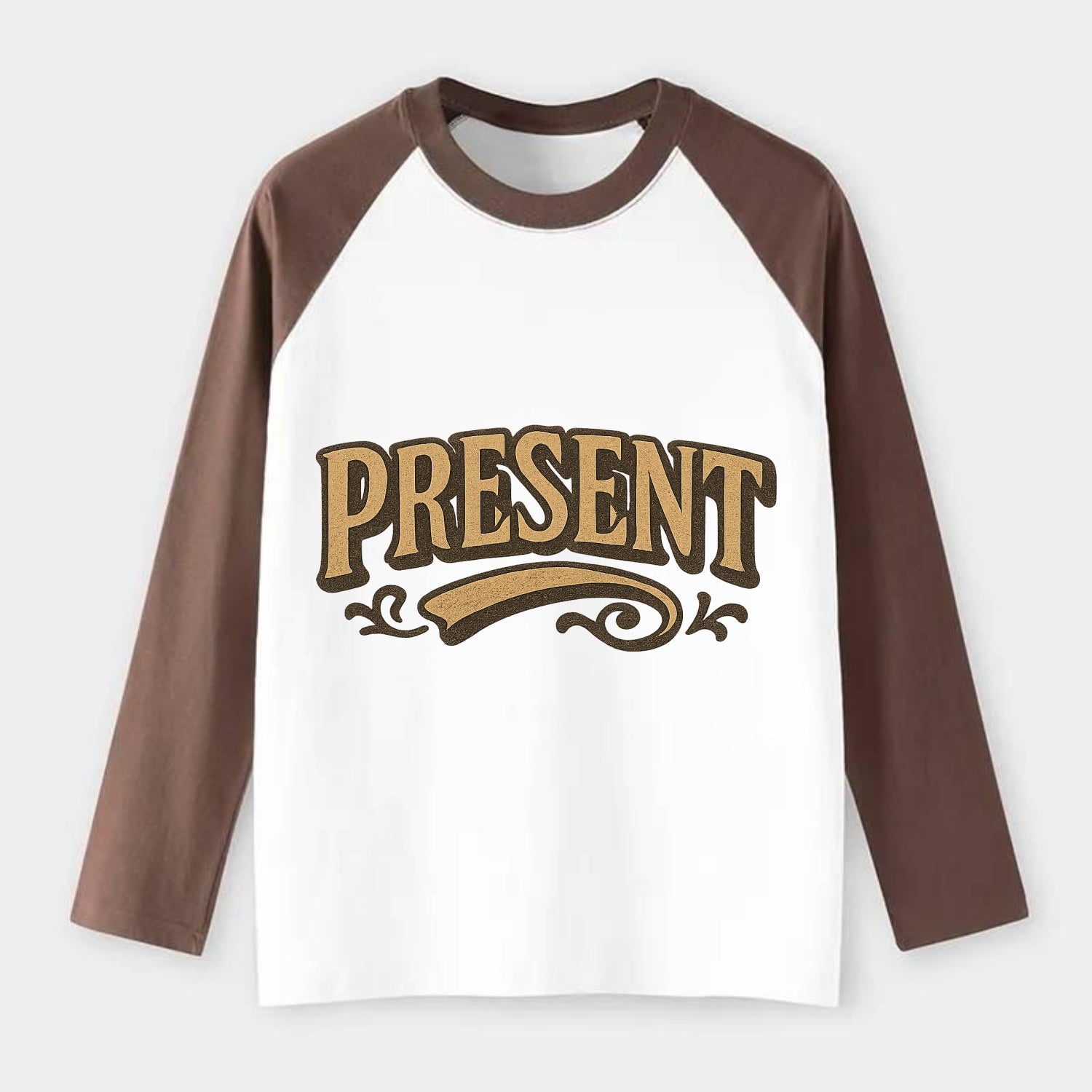 Bold typography design - "PRESENT" - living in the now - Raglan Long Sleeve T-Shirt - Coffee
