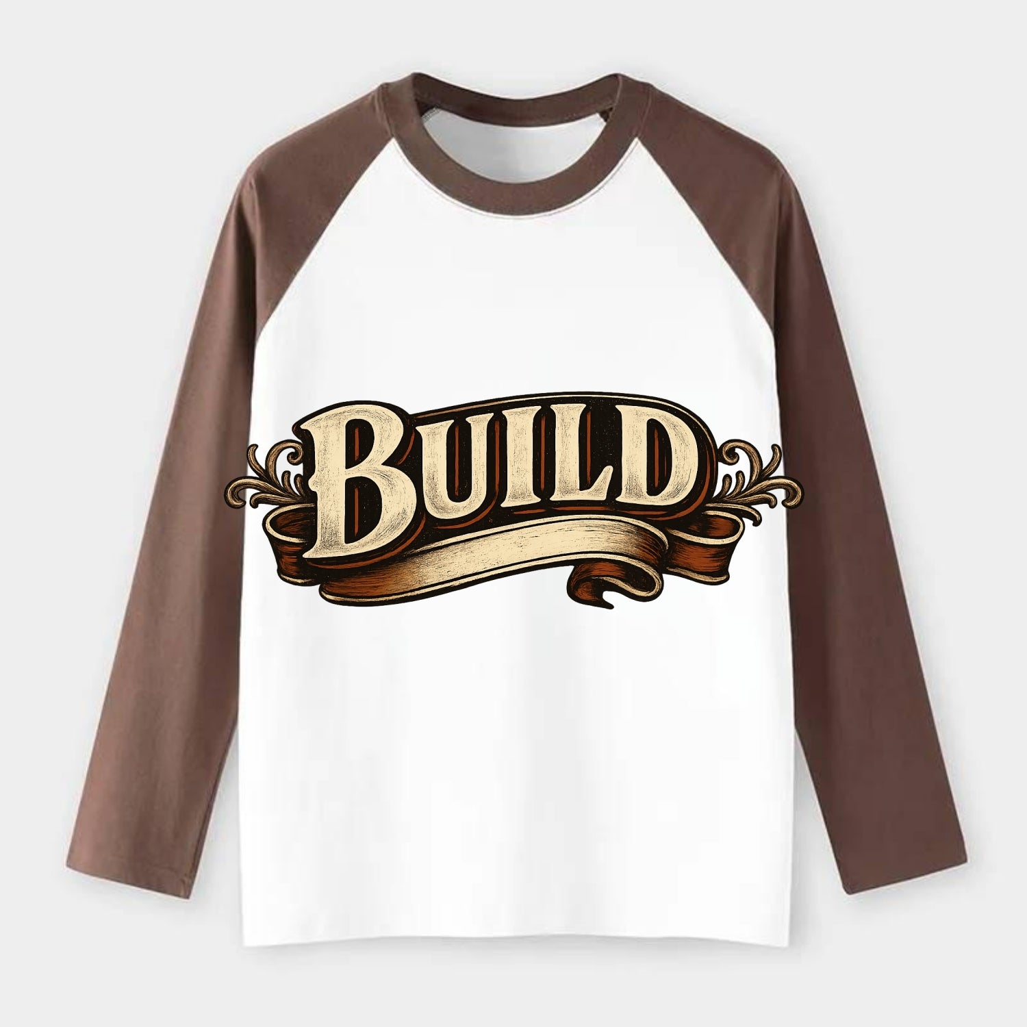 Bold typography design - "BUILD" - constructing, making real - Raglan Long Sleeve T-Shirt - Coffee