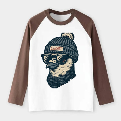 Chicago Pigeon wearing Chicago beanie with pom pom and wayfarer - Raglan Long Sleeve T-Shirt - Coffee
