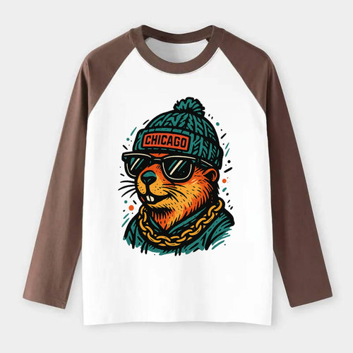 Illinois Prairie Dog wearing Chicago beanie with pom pom and wayfarer - Raglan Long Sleeve T-Shirt