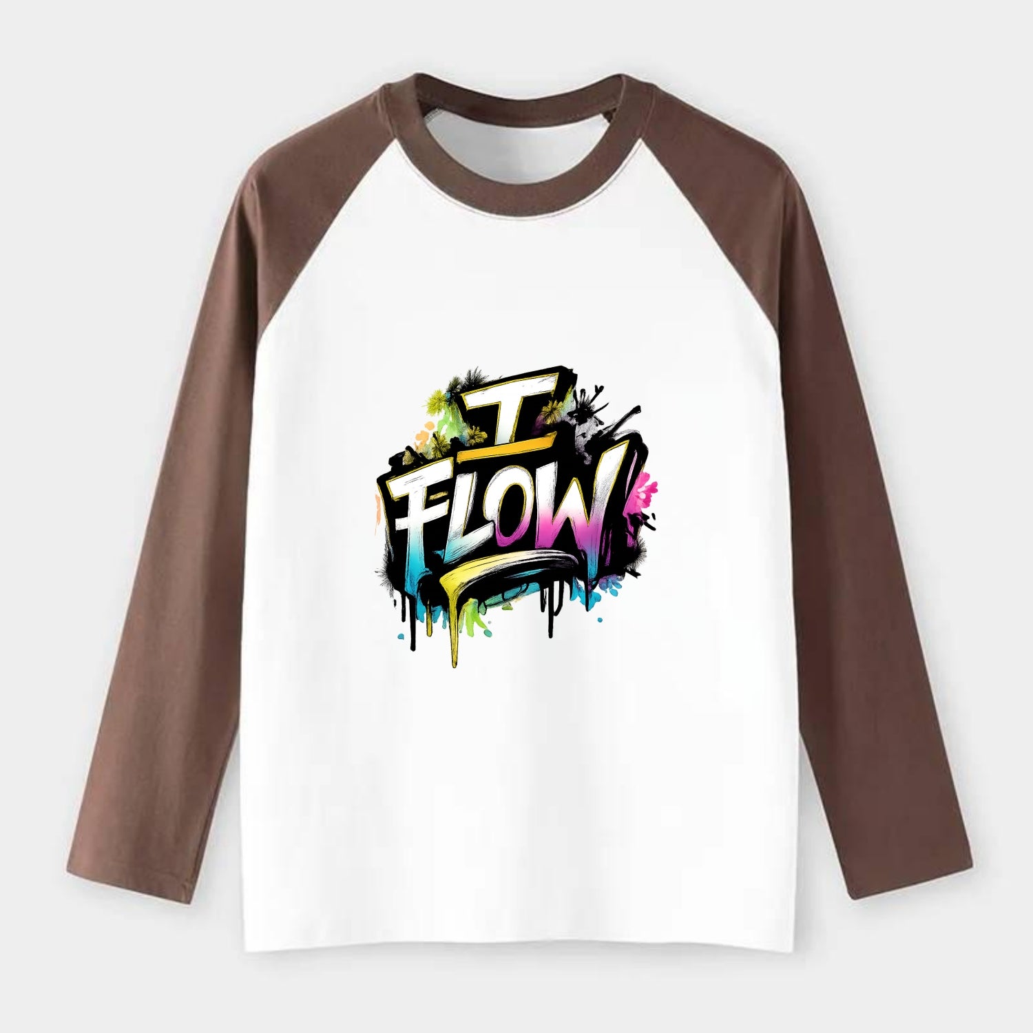 Bold typography design - "I FLOW" - going with life, easy movement - Raglan Long Sleeve T-Shirt - Coffee