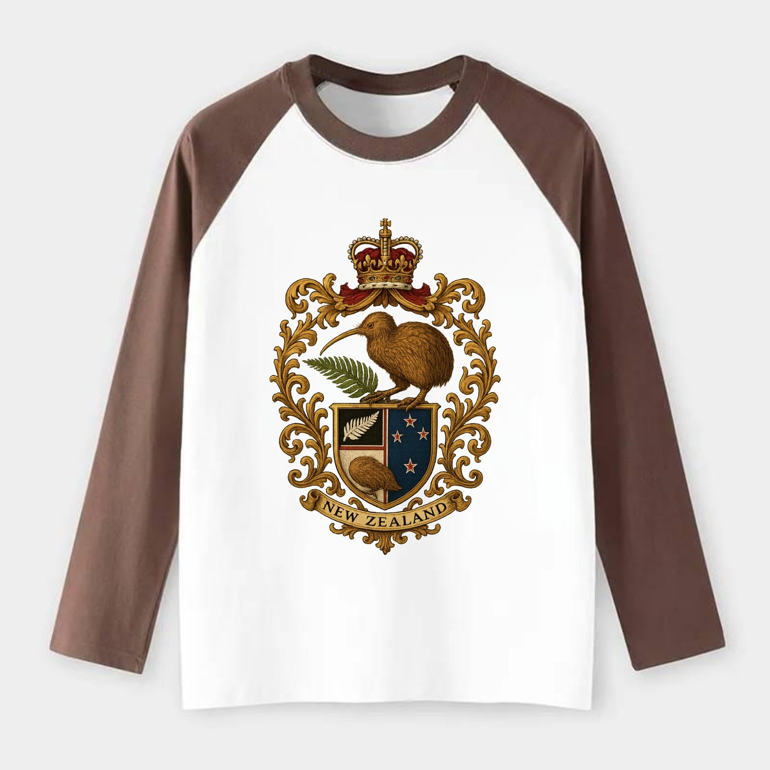 New Zealand Kiwi Emblem - Raglan Long Sleeve T-Shirt - Coffee