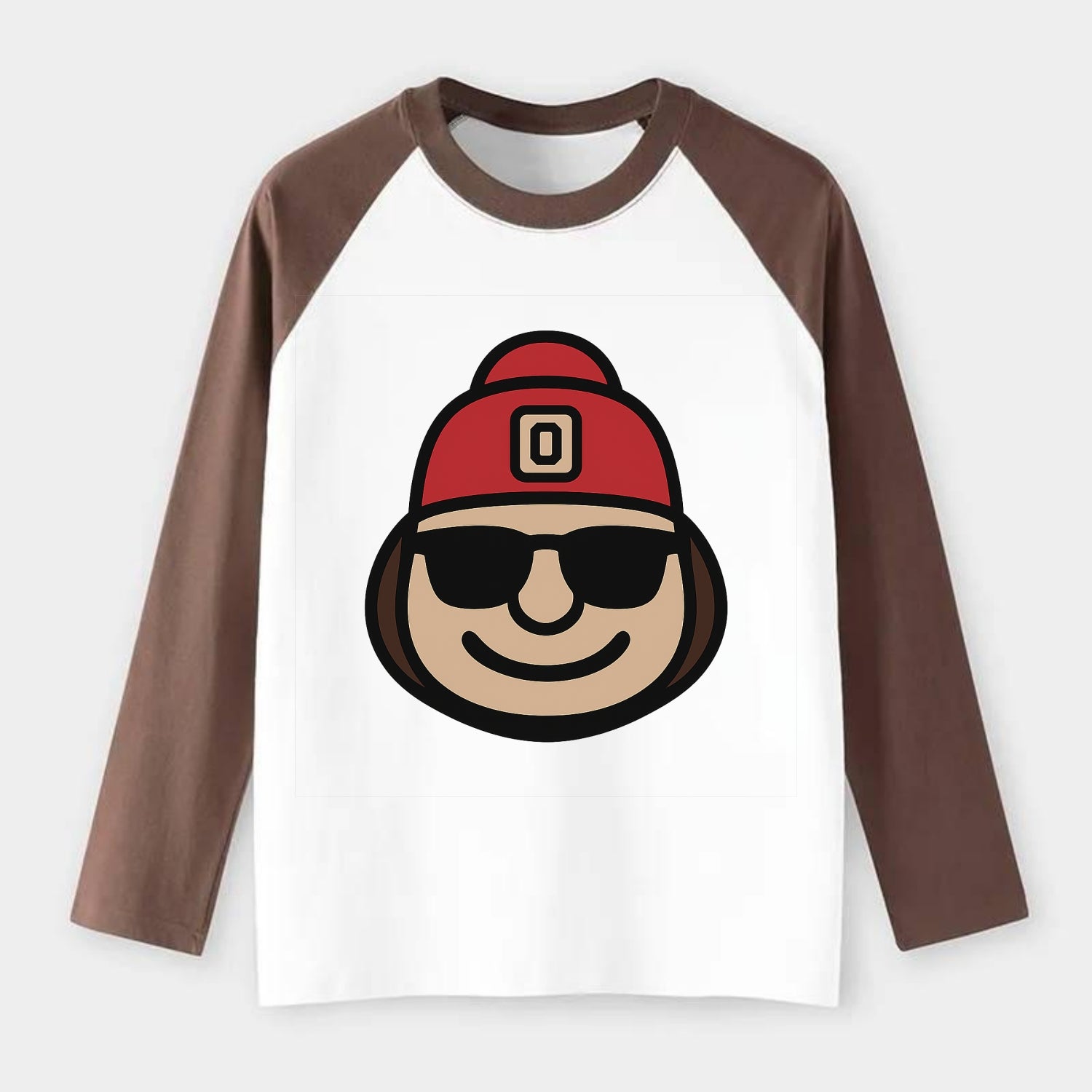 Columbus Brutus wearing Ohio State beanie with Block O patch - Raglan Long Sleeve T-Shirt - Coffee
