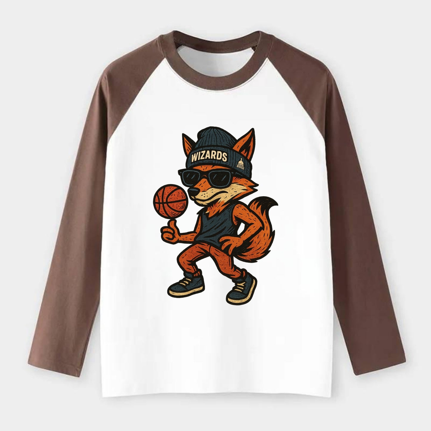 Washington Fox wearing Wizards beanie with capitol patch and wayfarer - Raglan Long Sleeve T-Shirt - Coffee