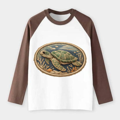 SEA TURTLE - swimming turtle in green and blue , ocean life - Raglan Long Sleeve T-Shirt - Coffee