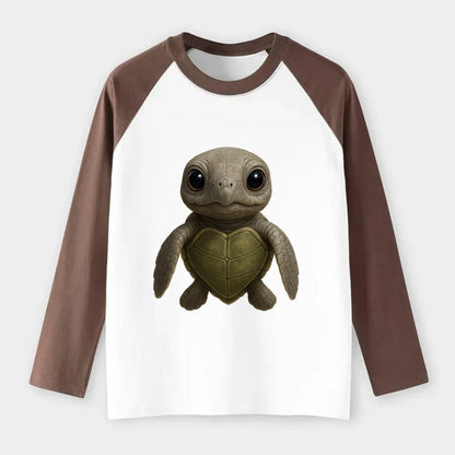 Baby Olive Ridley Turtle - olive green shell, heart-shaped carapace, - Raglan Long Sleeve T-Shirt - Coffee