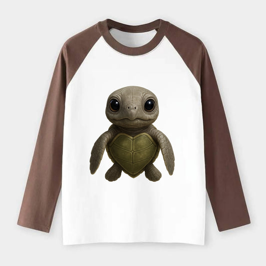Baby Olive Ridley Turtle - olive green shell, heart-shaped carapace, - Raglan Long Sleeve T-Shirt - Coffee