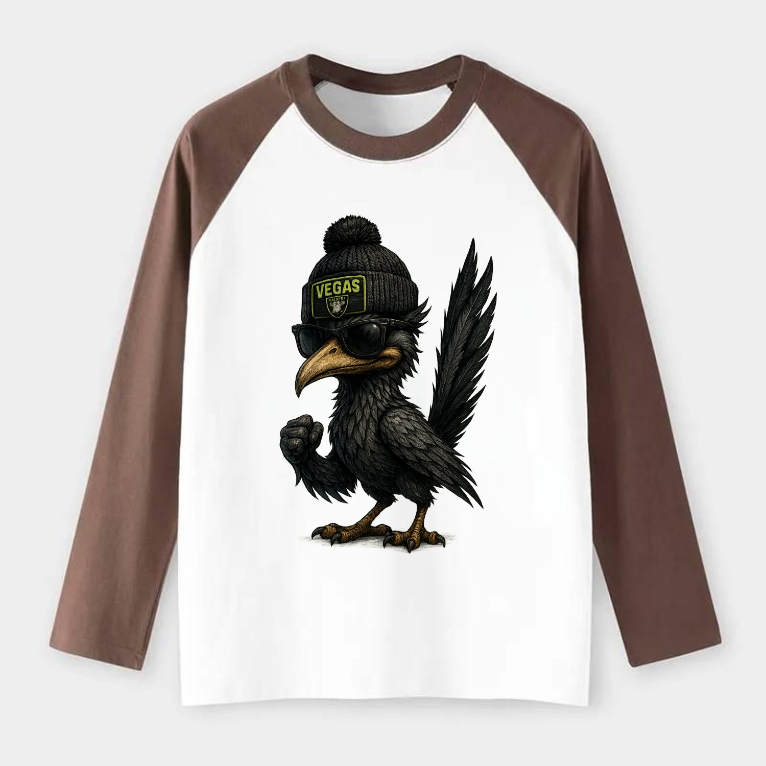 Vegas Roadrunner wearing Raiders beanie with neon patch and wayfarer - Raglan Long Sleeve T-Shirt - Coffee