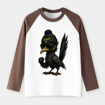 Vegas Roadrunner wearing Raiders beanie with neon patch and wayfarer - Raglan Long Sleeve T-Shirt - Coffee