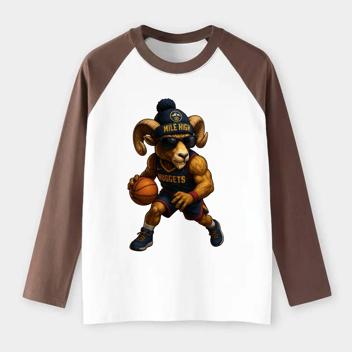 Mile High Bighorn wearing Nuggets beanie with mountain patch and - Raglan Long Sleeve T-Shirt - Coffee