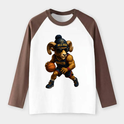 Mile High Bighorn wearing Nuggets beanie with mountain patch and - Raglan Long Sleeve T-Shirt - Coffee