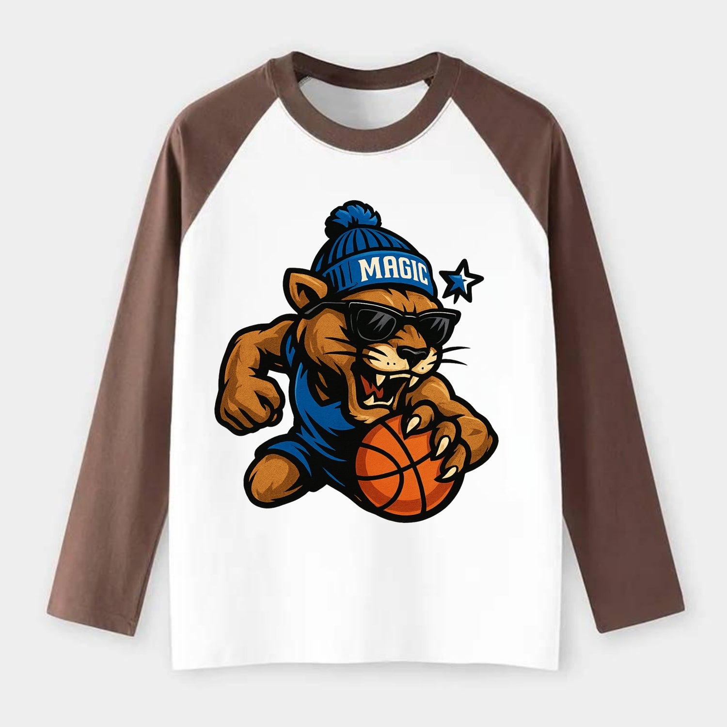 Florida Panther wearing Magic beanie with star wand patch and wayfarer - Raglan Long Sleeve T-Shirt - Coffee