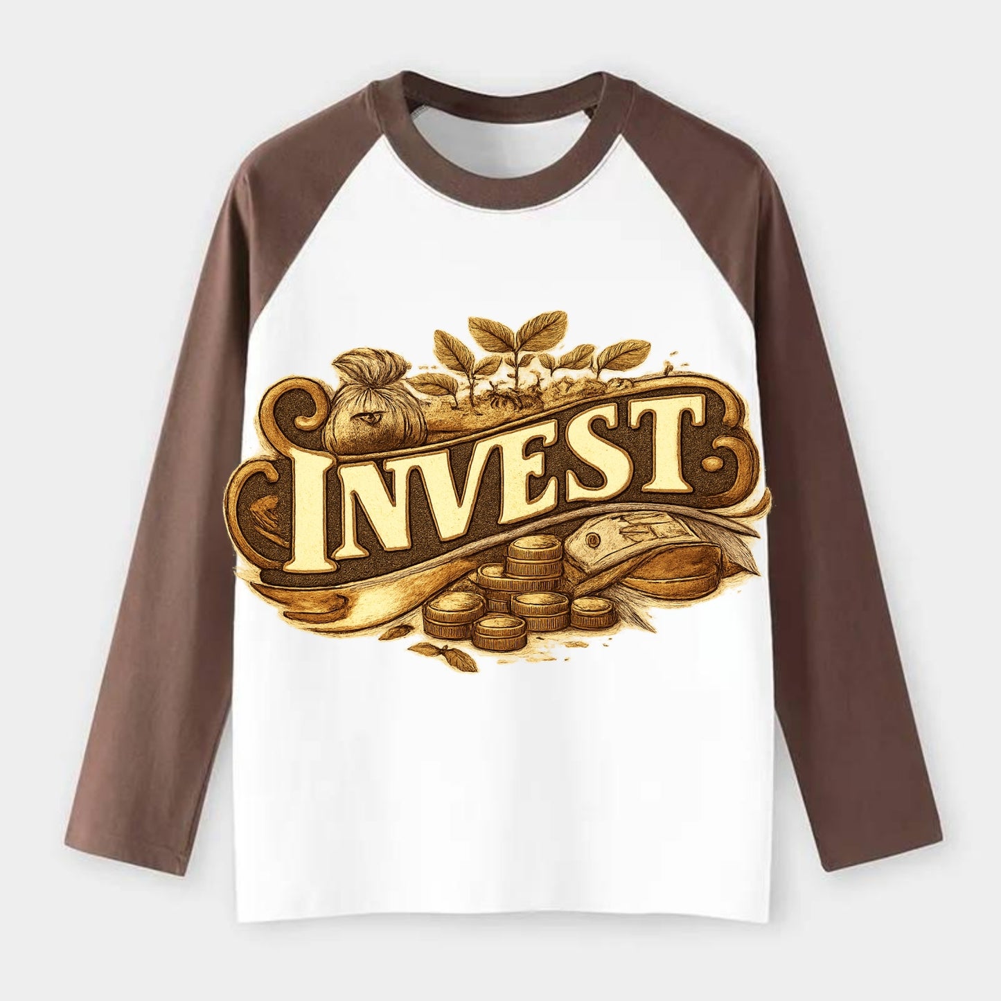 Bold typography design - "INVEST" - growing money, smart decisions - Raglan Long Sleeve T-Shirt - Coffee