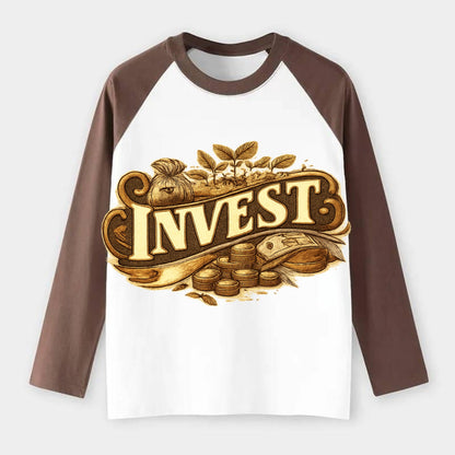 Bold typography design - "INVEST" - growing money, smart decisions - Raglan Long Sleeve T-Shirt - Coffee
