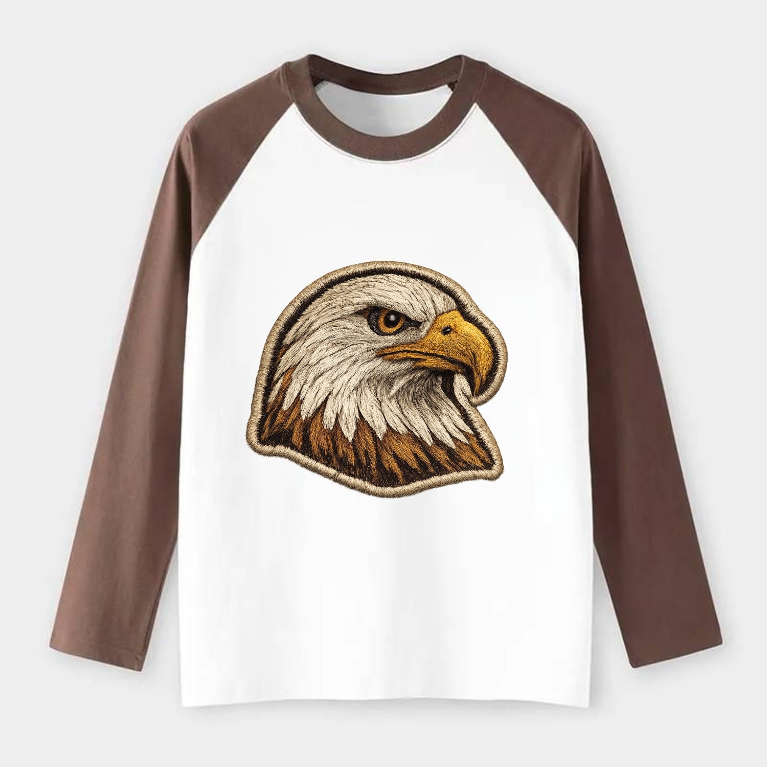 EAGLE HEAD PROFILE - majestic bald eagle in brown, white and gold , - Raglan Long Sleeve T-Shirt - Coffee