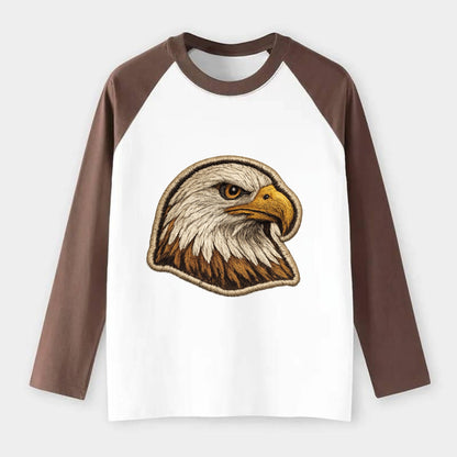 EAGLE HEAD PROFILE - majestic bald eagle in brown, white and gold , - Raglan Long Sleeve T-Shirt - Coffee