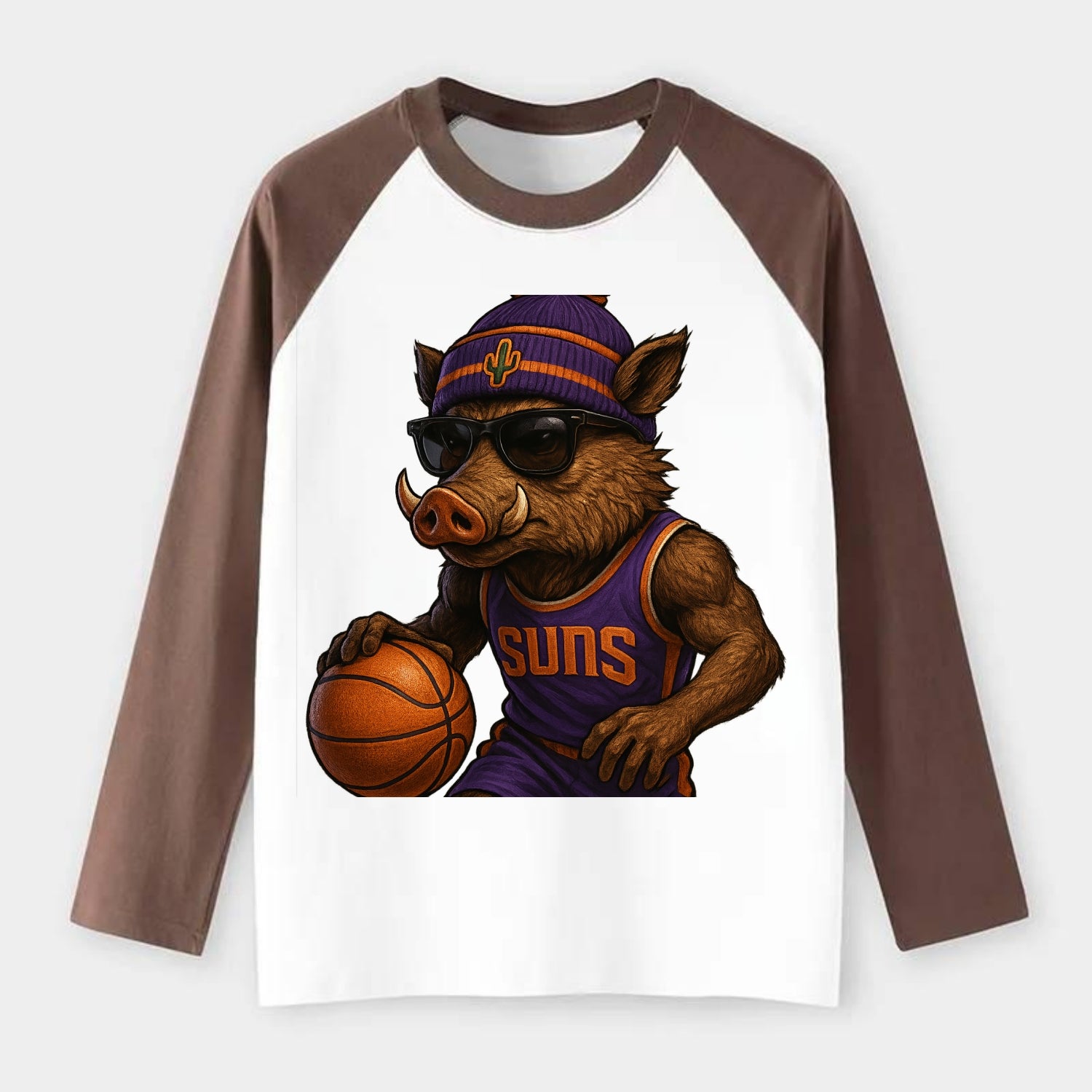 Phoenix Javelina wearing Suns beanie with cactus patch and wayfarer - Raglan Long Sleeve T-Shirt - Coffee