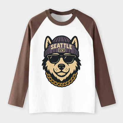 Seattle Husky - Raglan Long Sleeve T-Shirt - Coffee