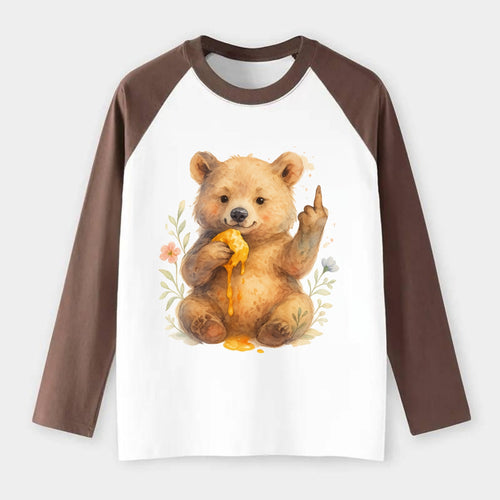 chubby bear cub eating dripping honey, sticky paw up with middle finger - Raglan Long Sleeve T-Shirt