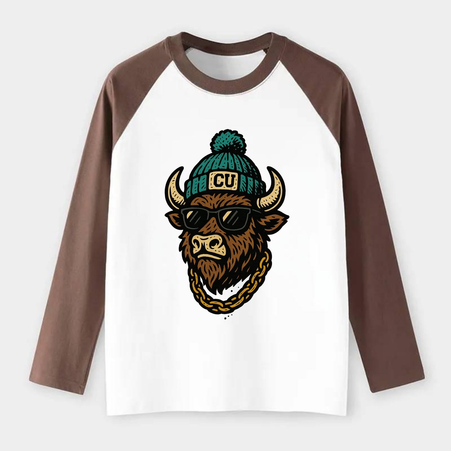 Boulder Ralphie wearing Colorado beanie with CU patch - Raglan Long Sleeve T-Shirt - Coffee