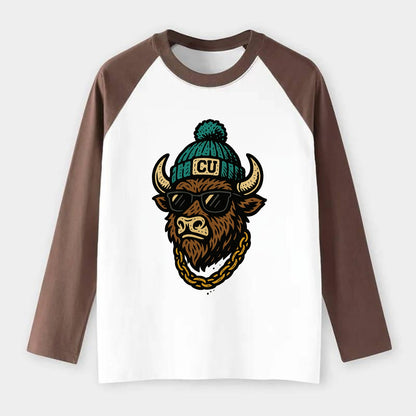 Boulder Ralphie wearing Colorado beanie with CU patch - Raglan Long Sleeve T-Shirt - Coffee