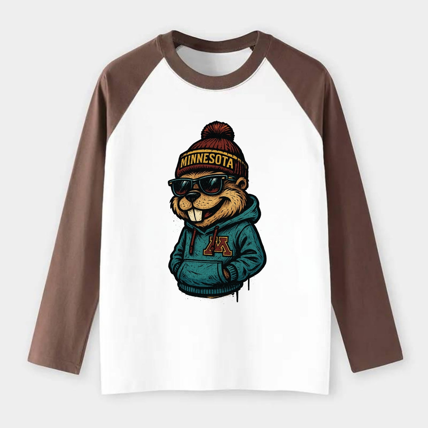 Minneapolis Gopher wearing Minnesota beanie with M patch - Raglan Long Sleeve T-Shirt - Coffee