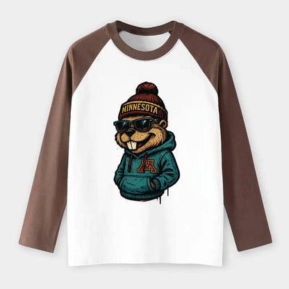 Minneapolis Gopher wearing Minnesota beanie with M patch - Raglan Long Sleeve T-Shirt - Coffee