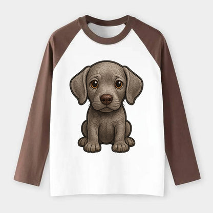 Baby Weimaraner Puppy - silver-gray coat, amber eyes, sleek body, - Raglan Long Sleeve T-Shirt - Coffee