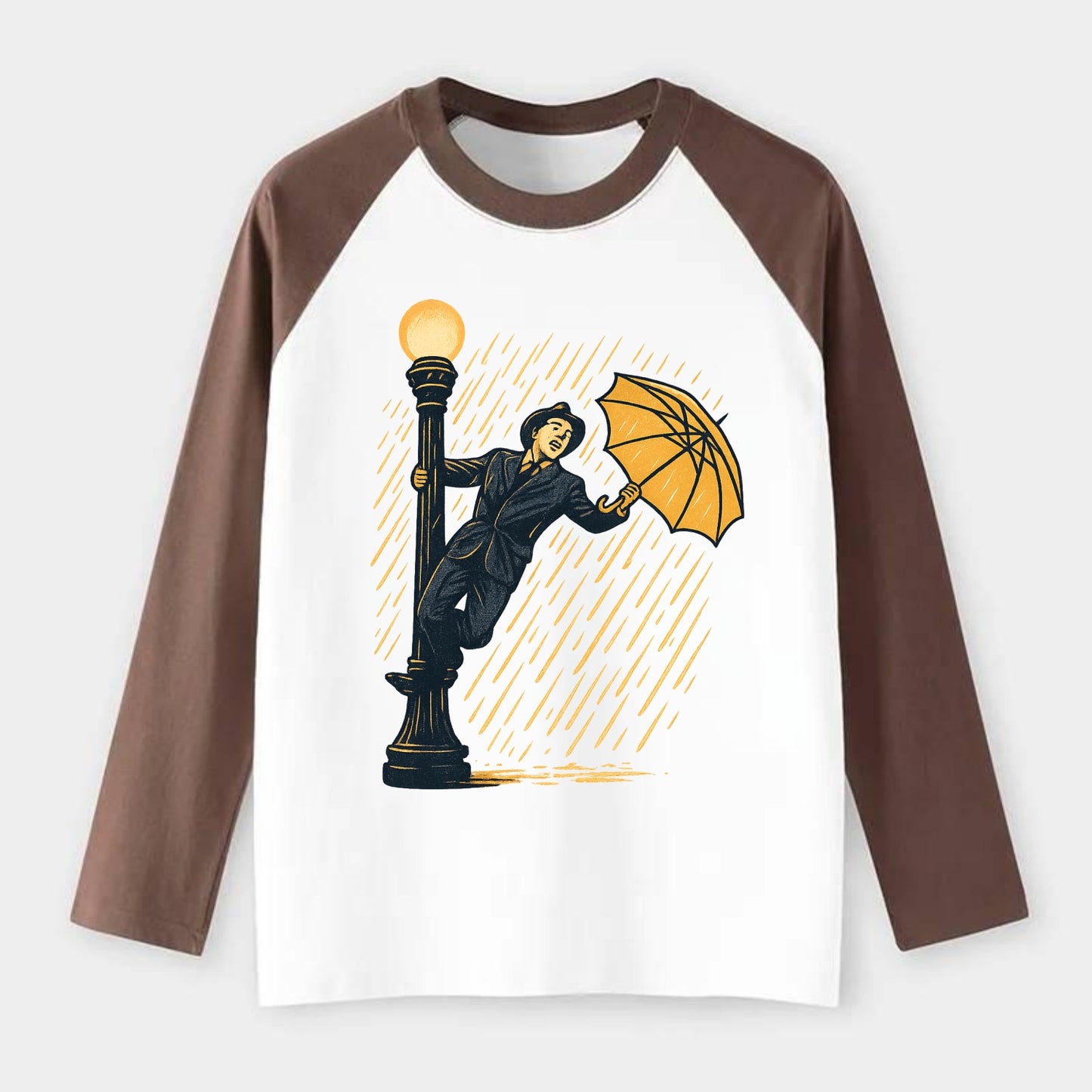 joyful dancing on lamppost in heavy rain with big smile - Raglan Long Sleeve T-Shirt - Coffee
