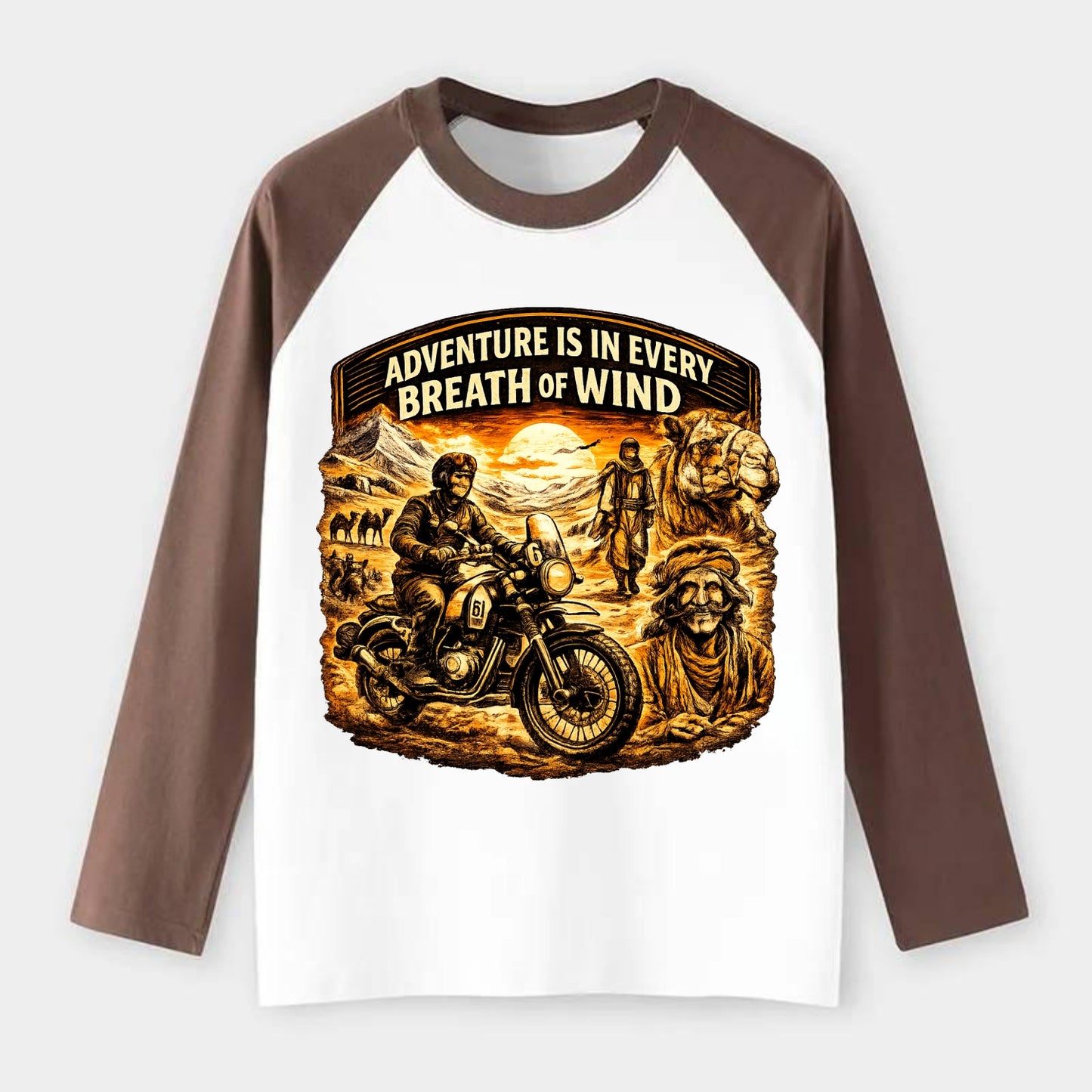 Adventure Vintage Rides - Raglan Long Sleeve T-Shirt - Coffee