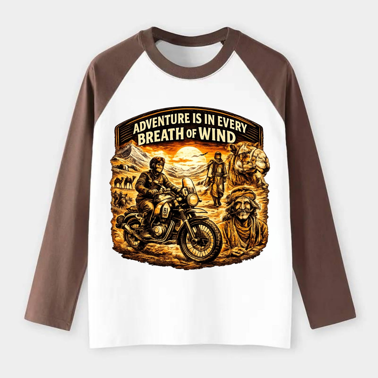 Adventure Vintage Rides - Raglan Long Sleeve T-Shirt - Coffee