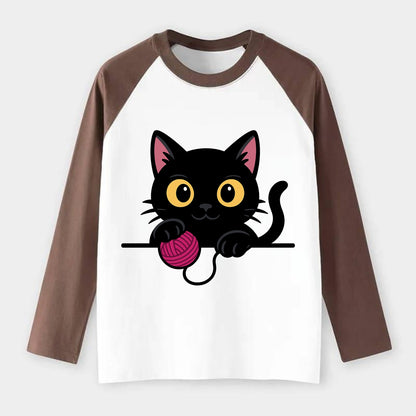 Midnight the black cat tapping the ledge rhythmically with one bright - Raglan Long Sleeve T-Shirt - Coffee