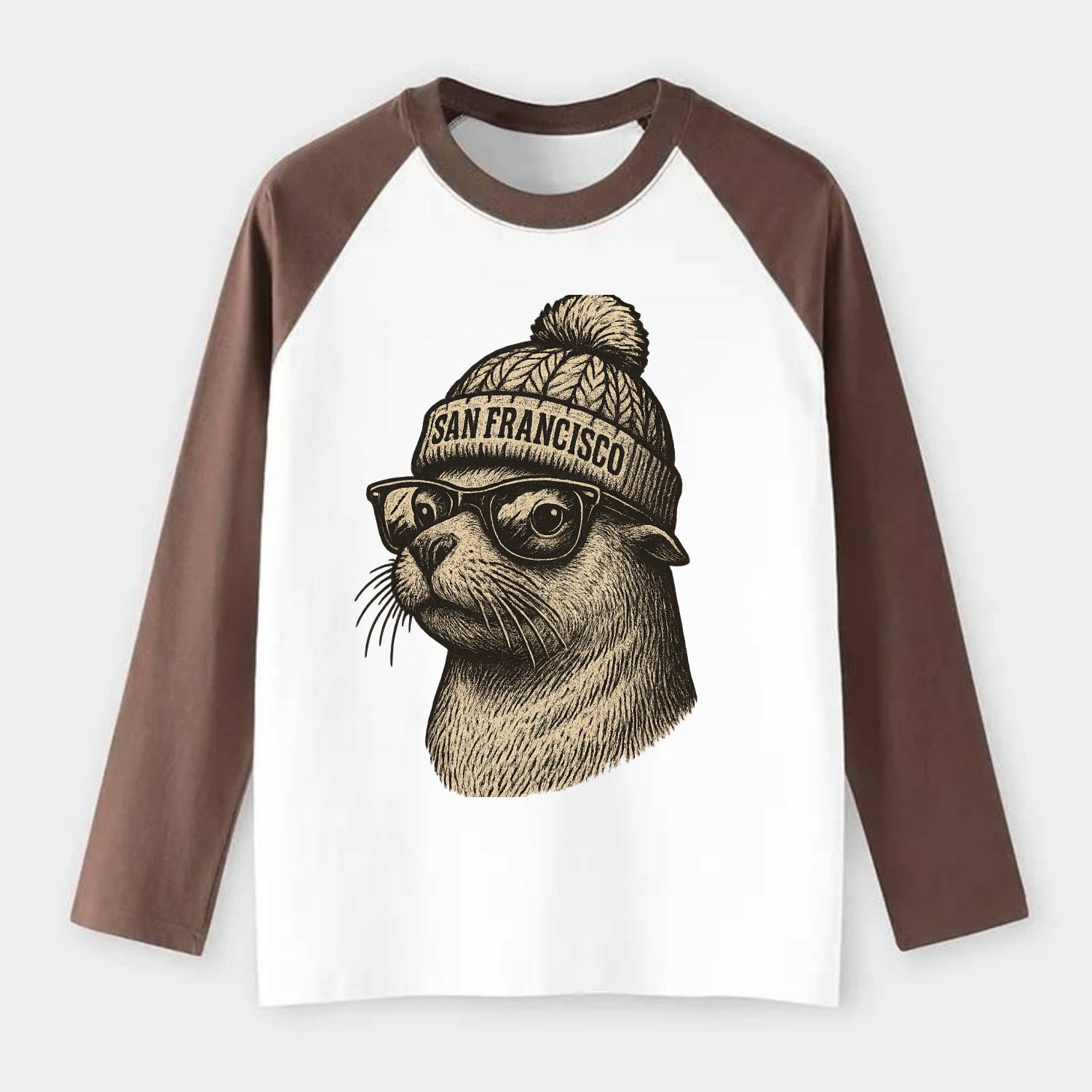 San Francisco Sea Lion wearing San Francisco beanie with pom pom and - Raglan Long Sleeve T-Shirt - Coffee