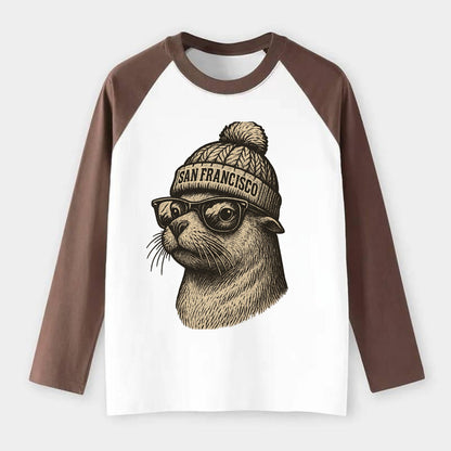 San Francisco Sea Lion wearing San Francisco beanie with pom pom and - Raglan Long Sleeve T-Shirt - Coffee