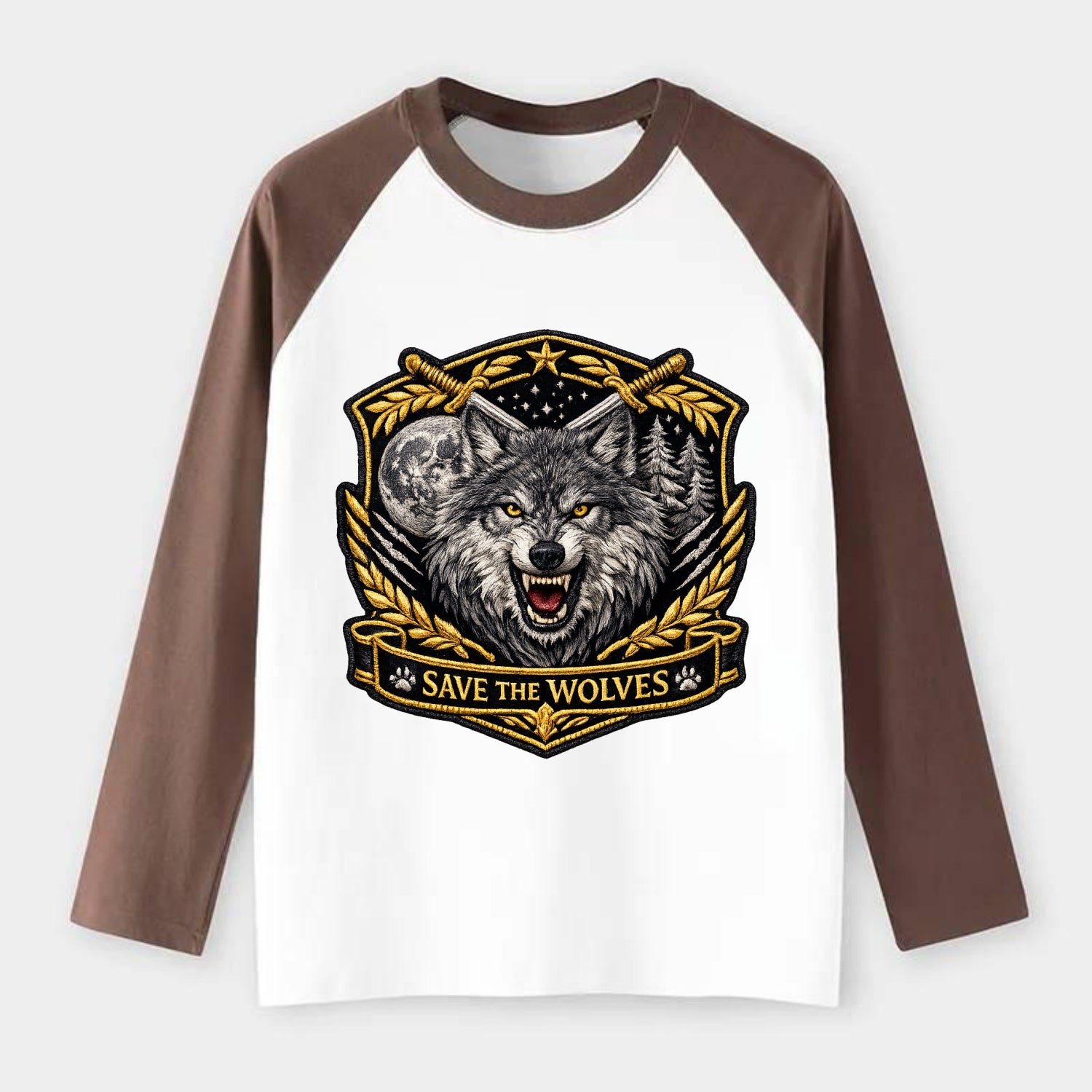 SAVE THE WOLVES - wolf moon in gray , predator protection - Raglan Long Sleeve T-Shirt - Coffee
