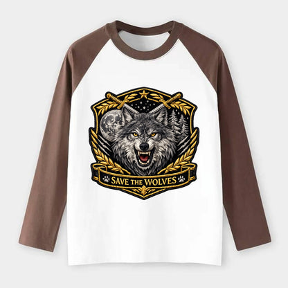 SAVE THE WOLVES - wolf moon in gray , predator protection - Raglan Long Sleeve T-Shirt - Coffee