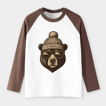 New Mexico Black Bear wearing Albuquerque beanie with pom pom and - Raglan Long Sleeve T-Shirt - Coffee