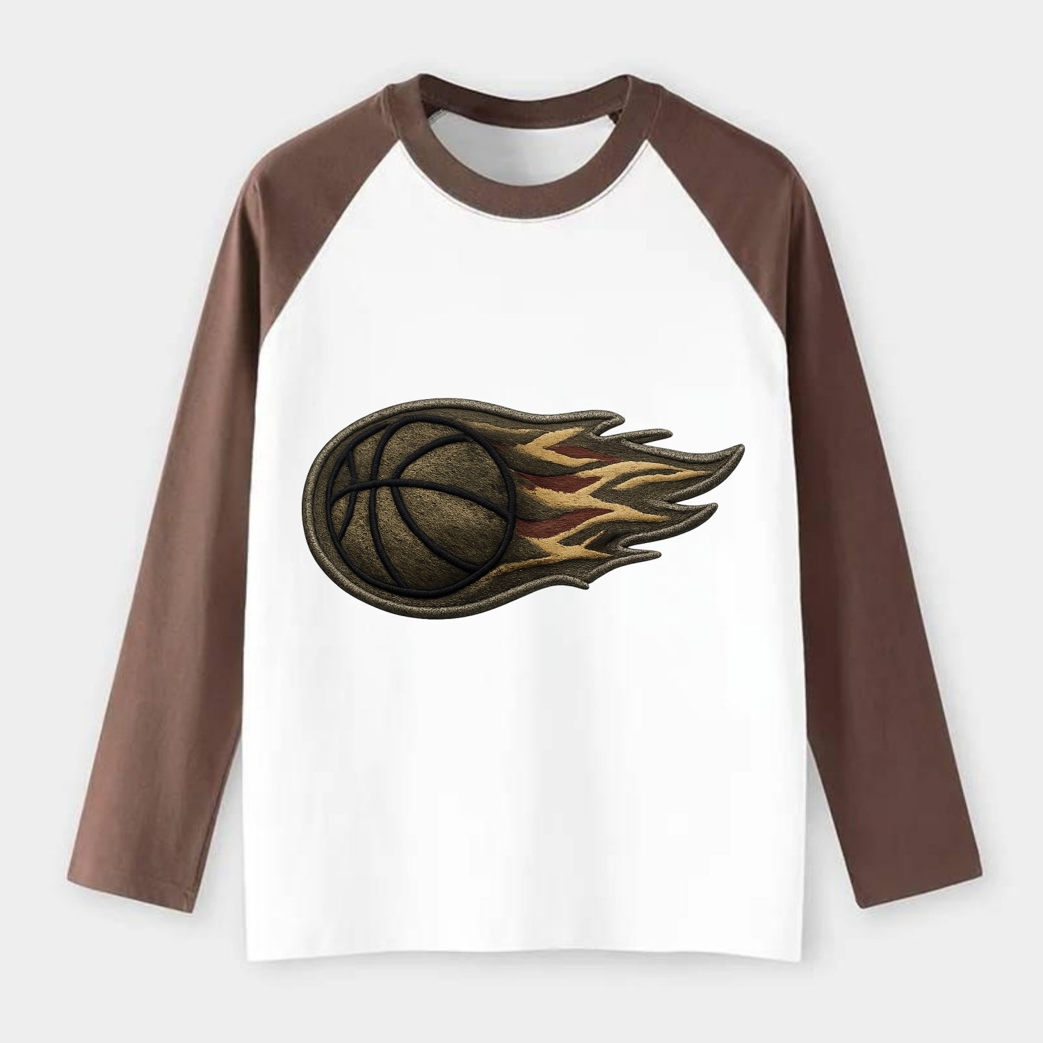 BASKETBALL FLAMING BALL - basketball with flames in orange and red , - Raglan Long Sleeve T-Shirt - Coffee