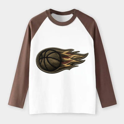 BASKETBALL FLAMING BALL - basketball with flames in orange and red , - Raglan Long Sleeve T-Shirt - Coffee