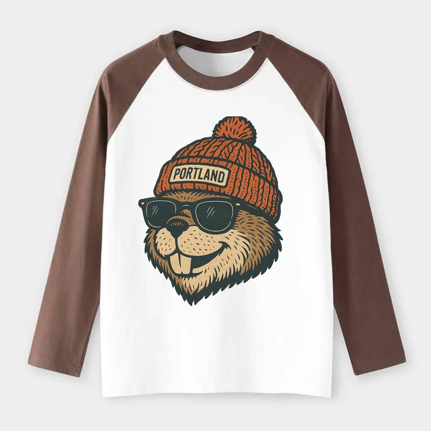 Oregon Beaver wearing Portland beanie with pom pom and wayfarer - Raglan Long Sleeve T-Shirt - Coffee