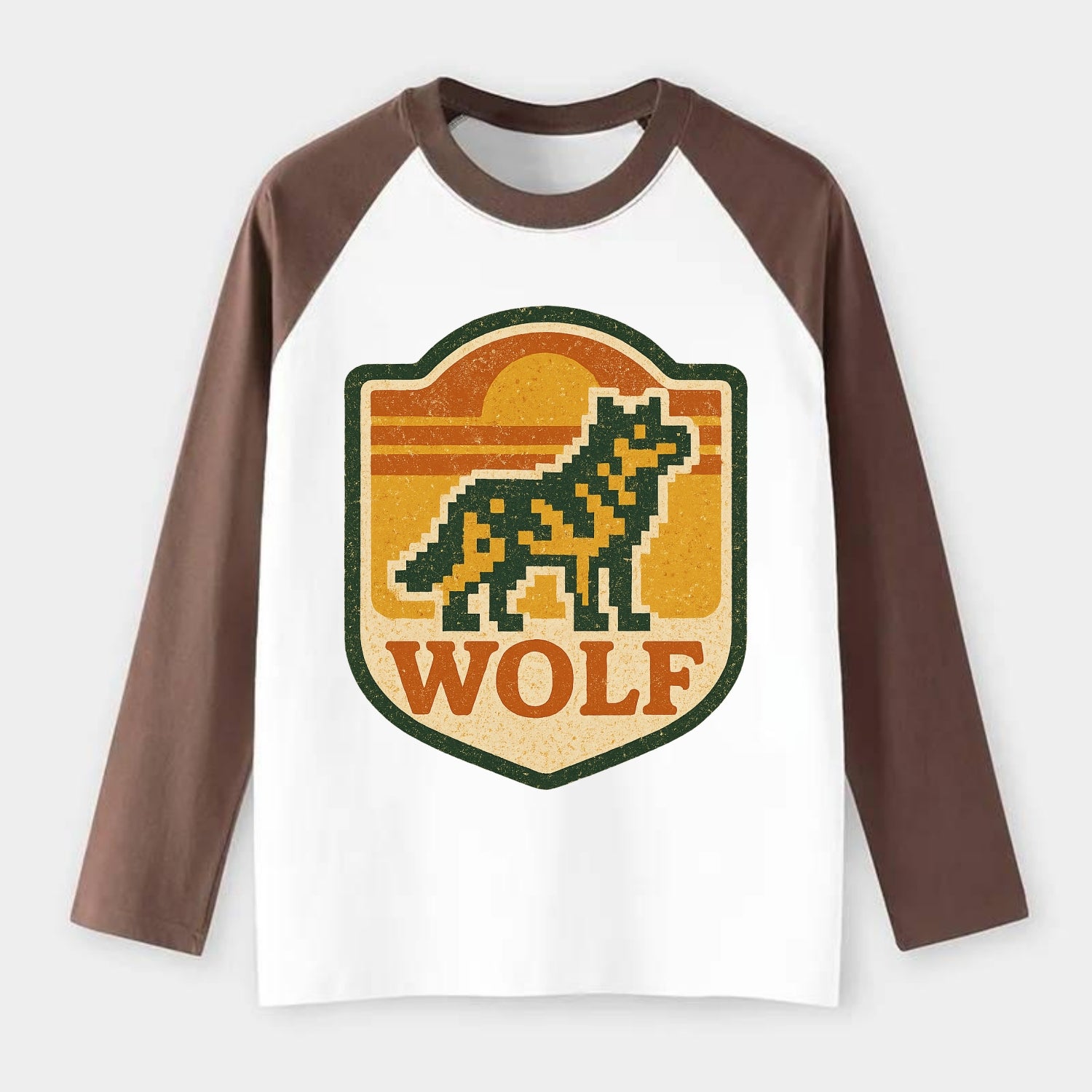 Digital Pixel Wolf  - Raglan Long Sleeve T-Shirt - Coffee