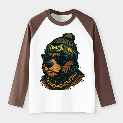 Waco Bear wearing Baylor beanie with BU patch - Raglan Long Sleeve T-Shirt - Coffee