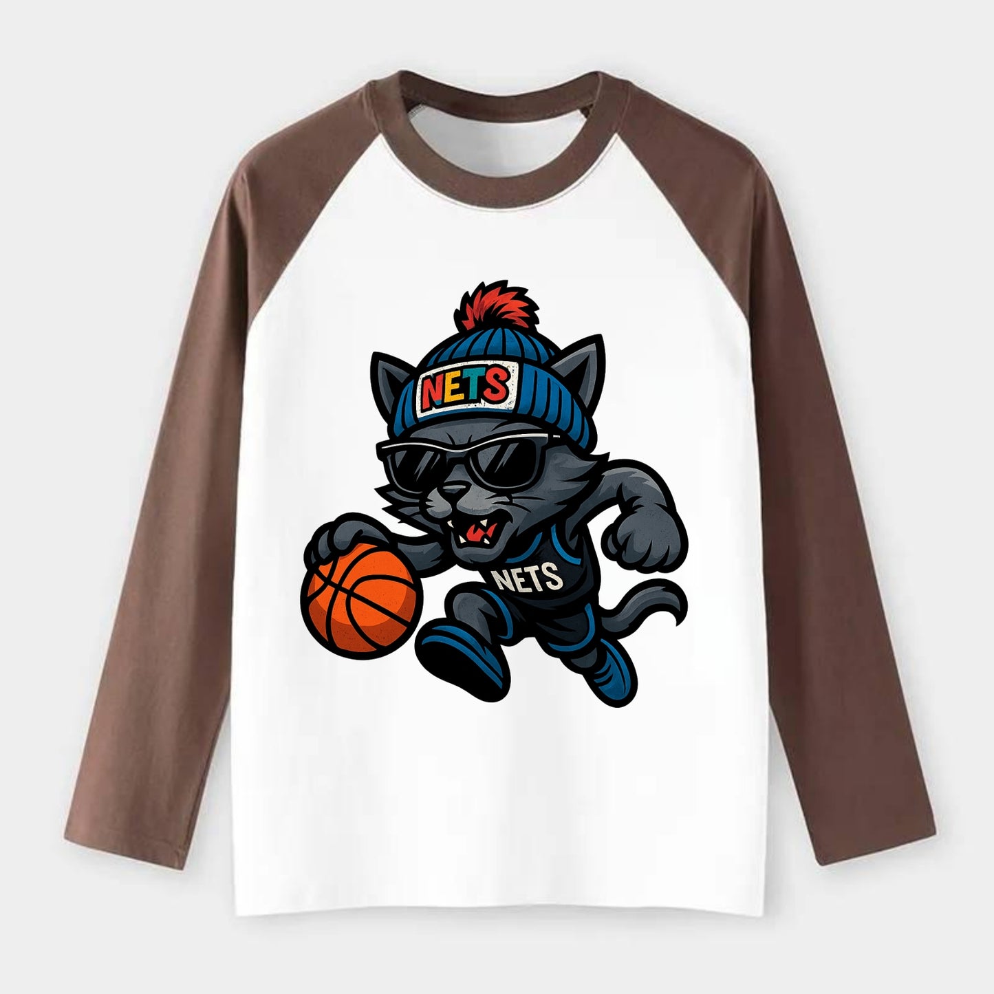 Brooklyn Cat wearing Nets beanie with street art patch and wayfarer - Raglan Long Sleeve T-Shirt - Coffee