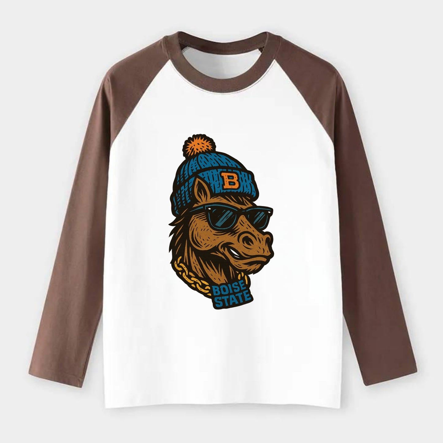 Boise Bronco wearing Boise State beanie with B patch - Raglan Long Sleeve T-Shirt - Coffee