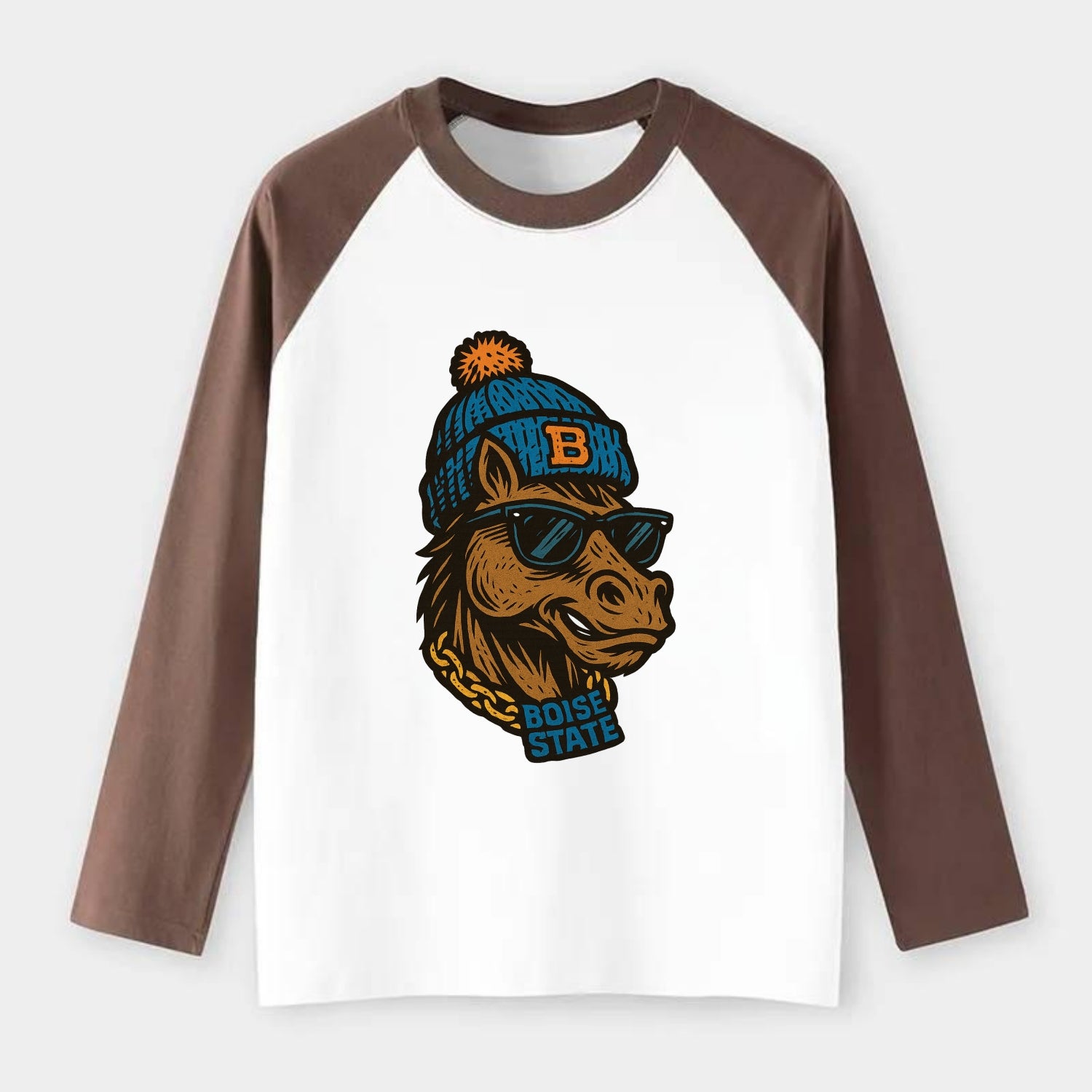 Boise Bronco wearing Boise State beanie with B patch - Raglan Long Sleeve T-Shirt - Coffee