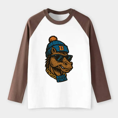 Boise Bronco wearing Boise State beanie with B patch - Raglan Long Sleeve T-Shirt - Coffee