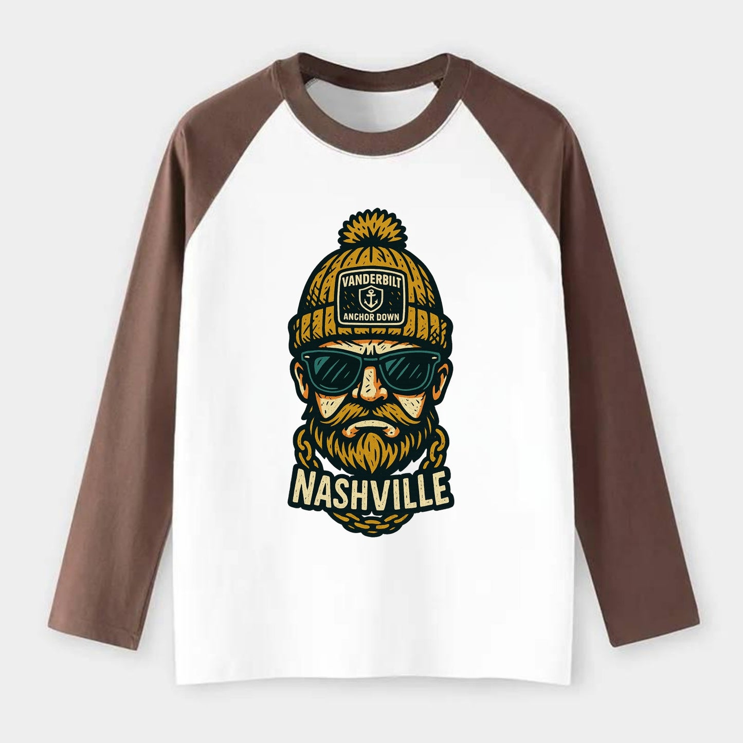 Nashville Commodore wearing Vanderbilt beanie with anchor patch - Raglan Long Sleeve T-Shirt - Coffee